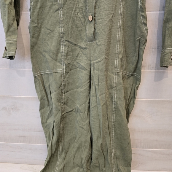 {XS} NWT (NO BELT) Zara Olive Green Modal Long Sleeve Constrat Stitch Jumpsuit - Picture 3 of 9